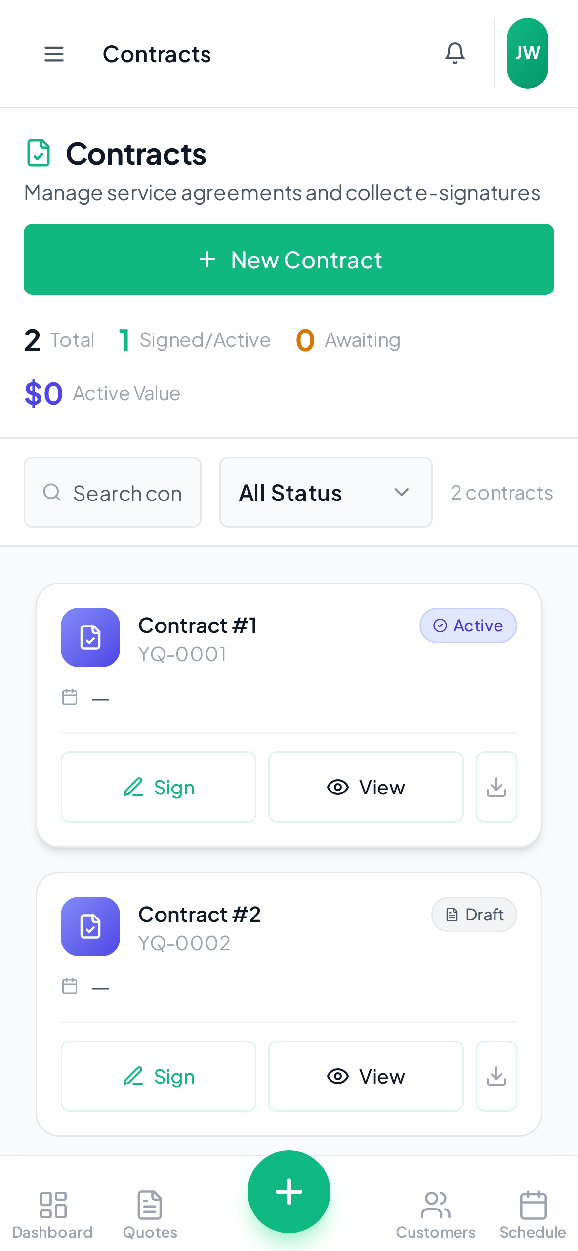YardQuoter contracts module with e-signature interface