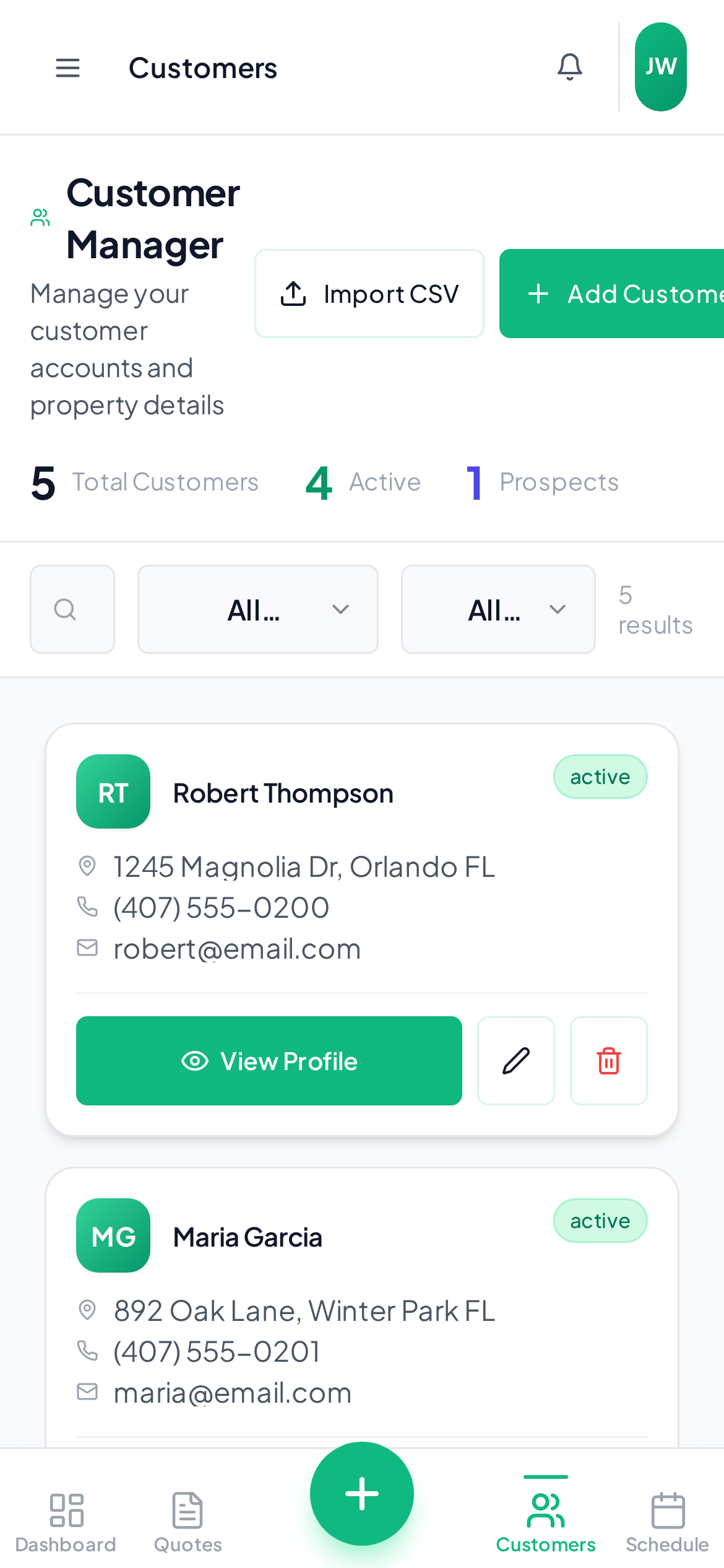 YardQuoter customer management showing contact list and service history