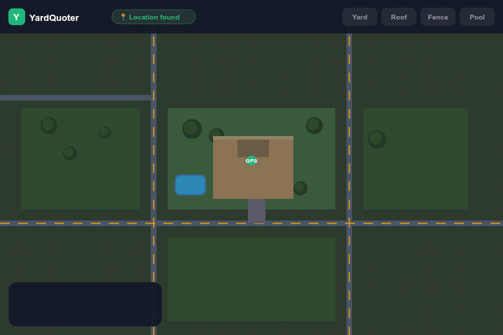 YardQuoter satellite property measurement — drawing yard, roof, fence and pool outlines on Google Maps satellite view