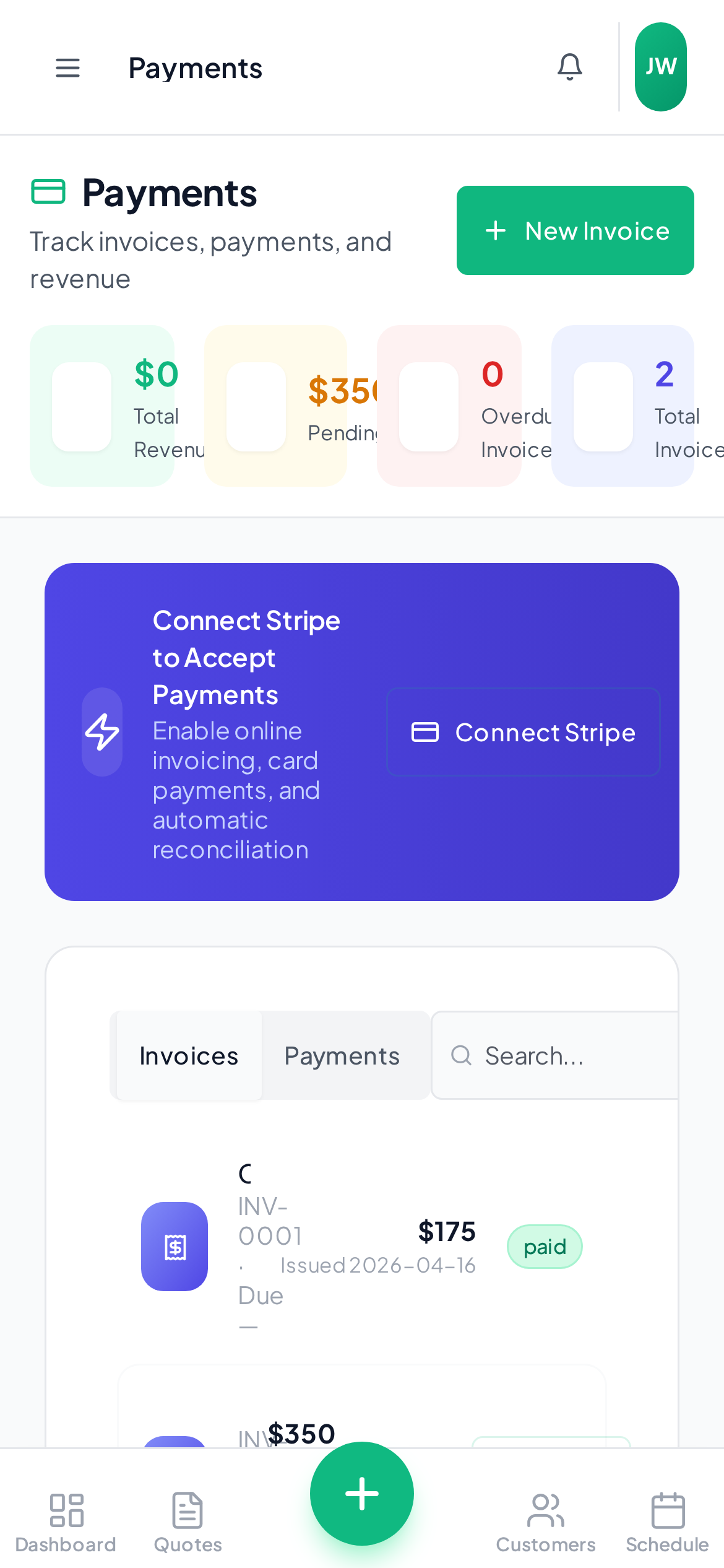 YardQuoter payment collection interface with invoice summary