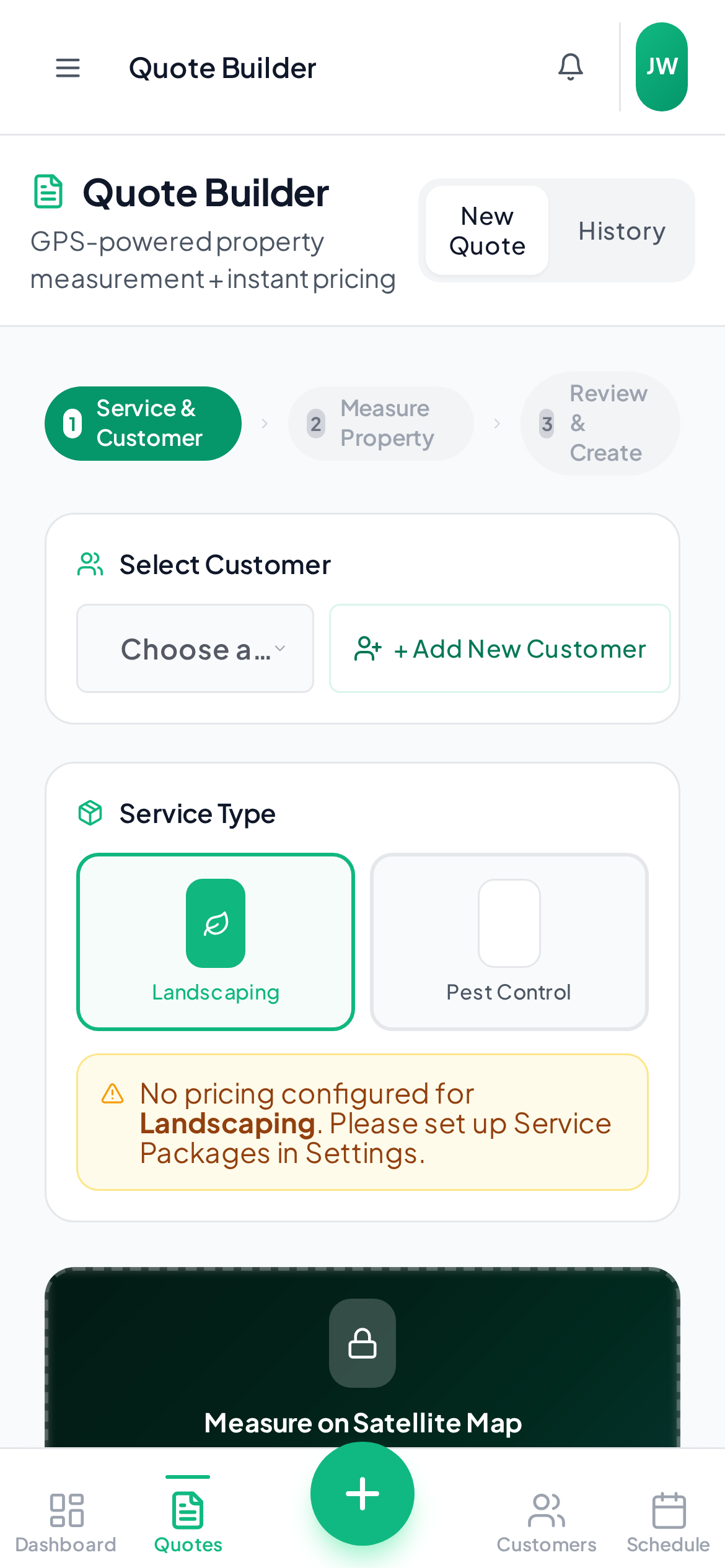 YardQuoter quote builder with line items, pricing, and customer details