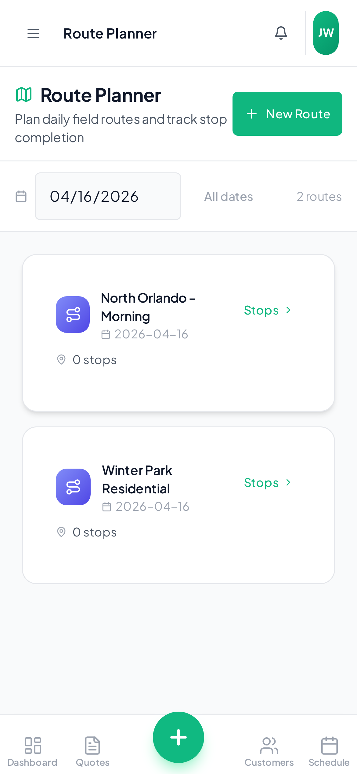YardQuoter route planning interface with map stops and schedule